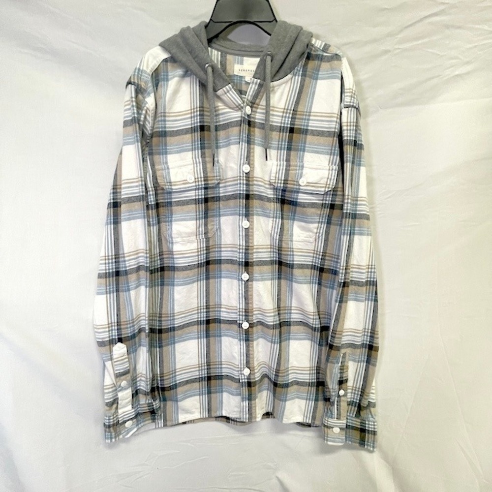 Aeropostale Hoodie Gray White Tan Plaid Button Front Men's‎ Boy's Medium